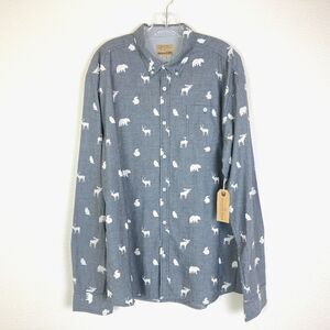 New FREE NATURE Men's Button Up Shirt Size XL Gray White Cotton Animal Wildlife